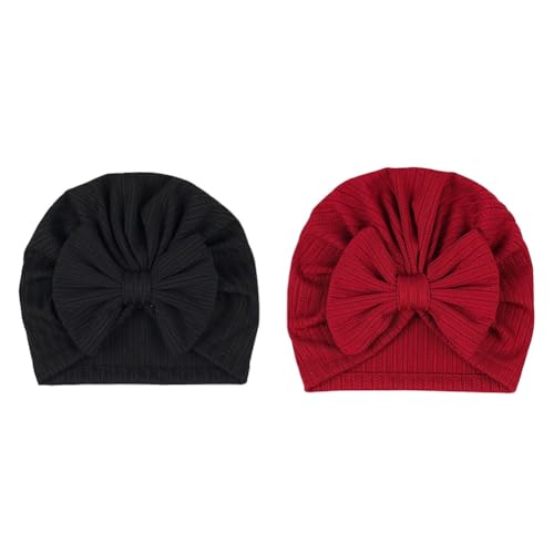 Hrlace 2 Stück Babymütze Neugeborene Babymütze Weiche Baby Turban Mütze mit Schleife Infant Beanie Mütze Säugling Mädchen Jungen Mütze für Baby Neugeborene Kleinkinder Schwarz + Burgunderrot von Hrlace