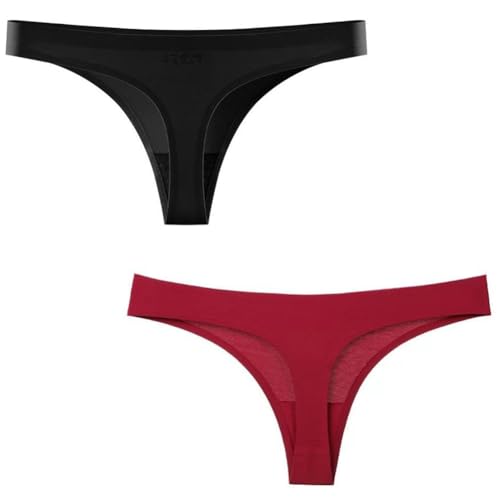 Hrlace 2er Pack String Tanga Damen Nahtlos Niedriger Taille UnterwäSche Slip Sexy Seamless Unterhosen Atmungsaktiv Invisible Thong Underwear Nahtlose Unsichtbarer Thong Schwarz + Burgunderrot L von Hrlace