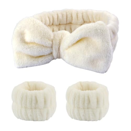Hrlace 3 Stück Spa Gesicht Stirnband Handgelenk Waschbänder Set Bowknot Haarbänder Coral Fleece Elastisches Stirnband Armbänder für Frauen Duschen Waschen Makeup Spa Yoga Sport Cremefarben 1 Set von Hrlace