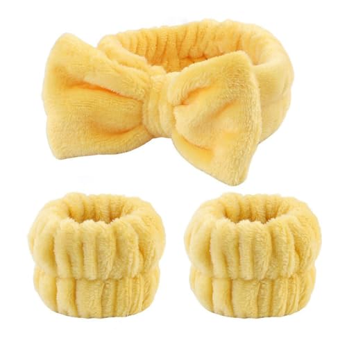 Hrlace 3 Stück Spa Gesicht Stirnband Handgelenk Waschbänder Set Bowknot Haarbänder Coral Fleece Elastisches Stirnband Armbänder für Frauen Duschen Waschen Makeup Spa Yoga Sport Gelb 5 Set von Hrlace