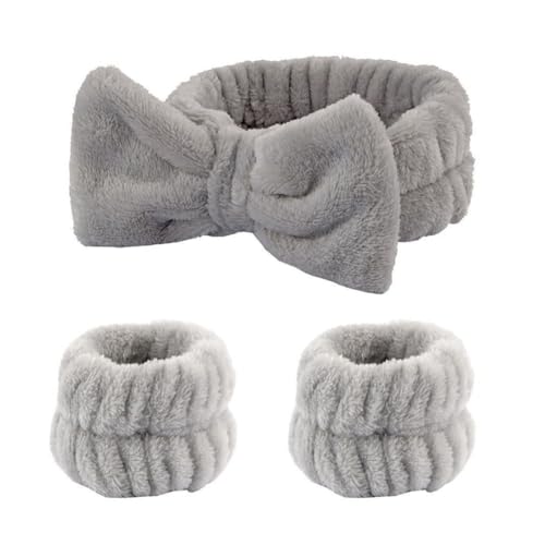 Hrlace 3 Stück Spa Gesicht Stirnband Handgelenk Waschbänder Set Bowknot Haarbänder Coral Fleece Elastisches Stirnband Armbänder für Frauen Duschen Waschen Makeup Spa Yoga Sport Grau 1 Set von Hrlace