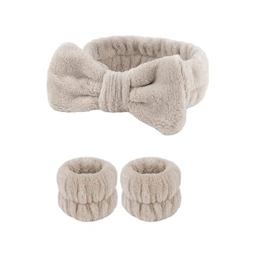 Hrlace 3 Stück Spa Gesicht Stirnband Handgelenk Waschbänder Set Bowknot Haarbänder Coral Fleece Elastisches Stirnband Armbänder für Frauen Duschen Waschen Makeup Spa Yoga Sport Helles Curry 1 Set von Hrlace