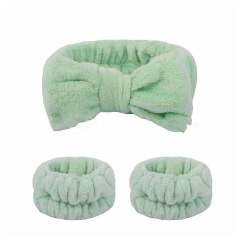 Hrlace 3 Stück Spa Gesicht Stirnband Handgelenk Waschbänder Set Bowknot Haarbänder Coral Fleece Elastisches Stirnband Armbänder für Frauen Duschen Waschen Makeup Spa Yoga Sport Hellgrün 5 Set von Hrlace