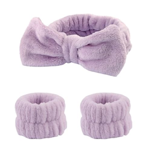 Hrlace 3 Stück Spa Gesicht Stirnband Handgelenk Waschbänder Set Bowknot Haarbänder Coral Fleece Elastisches Stirnband Armbänder für Frauen Duschen Waschen Makeup Spa Yoga Sport Lila 5 Set von Hrlace