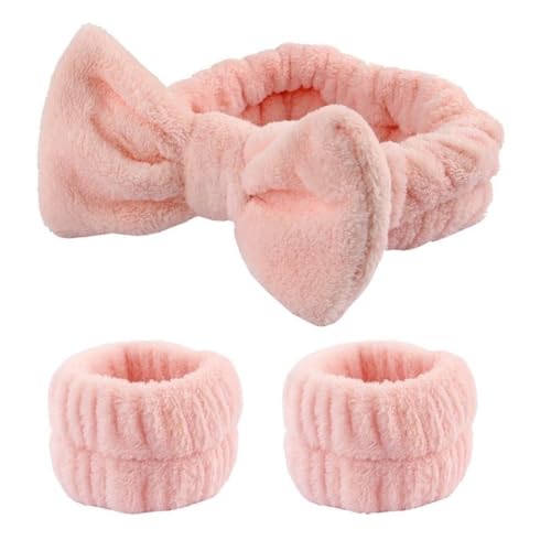 Hrlace 3 Stück Spa Gesicht Stirnband Handgelenk Waschbänder Set Bowknot Haarbänder Coral Fleece Elastisches Stirnband Armbänder für Frauen Duschen Waschen Makeup Spa Yoga Sport Lotuswurzel 2 Set von Hrlace