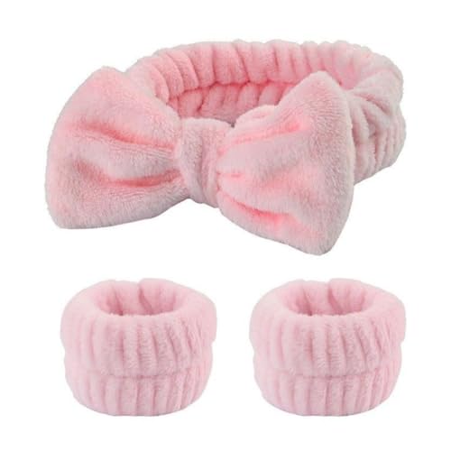 Hrlace 3 Stück Spa Gesicht Stirnband Handgelenk Waschbänder Set Bowknot Haarbänder Coral Fleece Elastisches Stirnband Armbänder für Frauen Duschen Waschen Makeup Spa Yoga Sport Rosa 1 Set von Hrlace
