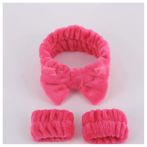 Hrlace 3 Stück Spa Gesicht Stirnband Handgelenk Waschbänder Set Bowknot Haarbänder Coral Fleece Elastisches Stirnband Armbänder für Frauen Duschen Waschen Makeup Spa Yoga Sport Rosarot 5 Set von Hrlace