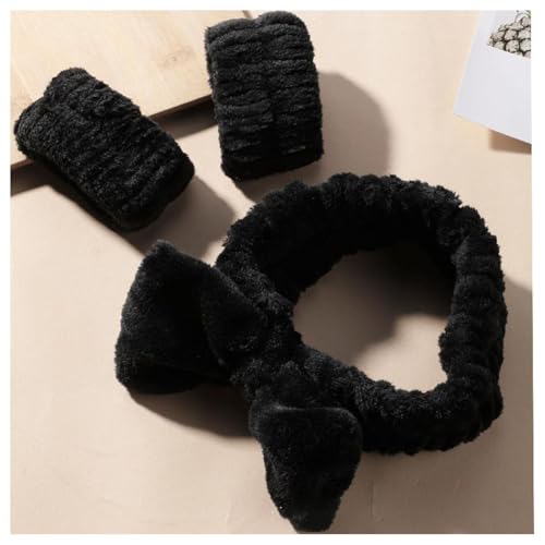 Hrlace 3 Stück Spa Gesicht Stirnband Handgelenk Waschbänder Set Bowknot Haarbänder Coral Fleece Elastisches Stirnband Armbänder für Frauen Duschen Waschen Makeup Spa Yoga Sport Schwarz 1 Set von Hrlace