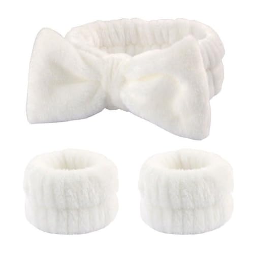 Hrlace 3 Stück Spa Gesicht Stirnband Handgelenk Waschbänder Set Bowknot Haarbänder Coral Fleece Elastisches Stirnband Armbänder für Frauen Duschen Waschen Makeup Spa Yoga Sport Weiß 2 Set von Hrlace