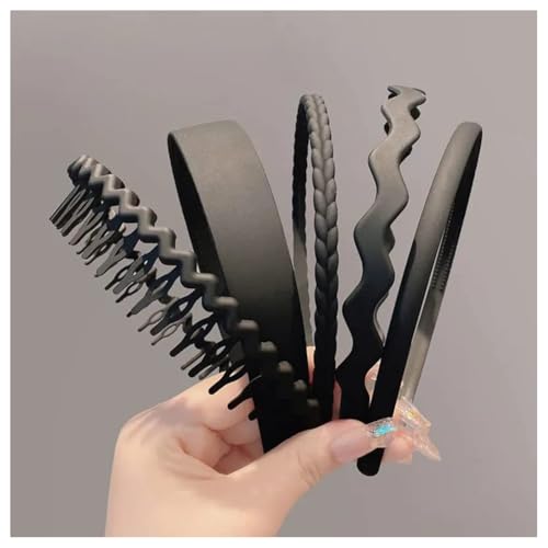 Hrlace 5 Stück Haarreifen Kunststoff Stirnbänder mit Anti-Rutsch Zähnen Mehrere Stile Haarbänder Gewellte Stirnband Rutschfestes Zickzack Haarband Haarschmuck für Damen Herren Mädchen Schwarz von Hrlace