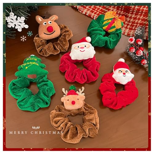Hrlace 6 Stück Haargummis Weihnachts Samt Haarbänder Elastische Haare Ringe Elch Weihnachtsmann Weihnachtsbäume Haargummis für Party Festival Geschenke Frauen Mädchen Haar Accessoires von Hrlace