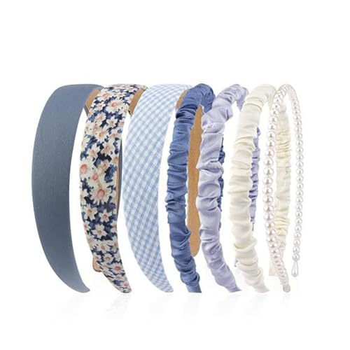 Hrlace 7 Stück Haarreifen Set Damen Verschiedene Modelle Stirnbänder Perlen Stirnbänd Blumen Haarreif Rutschfeste Gepolsterte Haarband Vintage Mode Haarschmuck für Frauen Mädchen Blau 3# von Hrlace