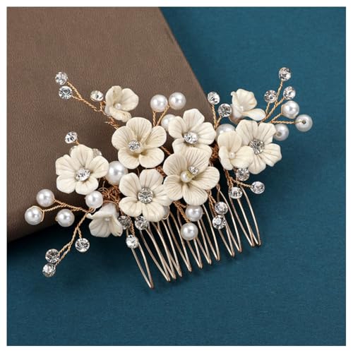 Hrlace Braut Hochzeit Haarkämme Kristall Blume Haarschmuck Perlen Brautschmuck Blumen Haarspangen Perle Strass Braut-Haarnadeln Blatt Kopfschmuck für Frauen und Mädchen Brautjungfern Gold L3055 von Hrlace