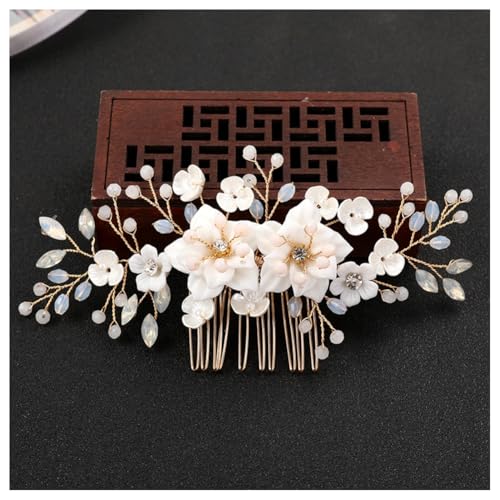 Hrlace Braut Hochzeit Haarkämme Kristall Blume Haarschmuck Perlen Brautschmuck Blumen Haarspangen Perle Strass Braut-Haarnadeln Blatt Kopfschmuck für Frauen und Mädchen Brautjungfern Gold L3088 von Hrlace