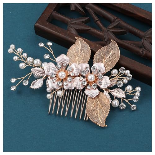 Hrlace Braut Hochzeit Haarkämme Kristall Blume Haarschmuck Perlen Brautschmuck Blumen Haarspangen Perle Strass Braut-Haarnadeln Blatt Kopfschmuck für Frauen und Mädchen Brautjungfern Gold L3089 von Hrlace