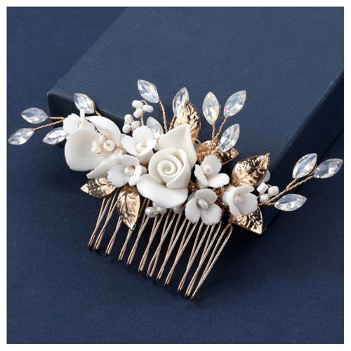 Hrlace Braut Hochzeit Haarkämme Kristall Blume Haarschmuck Perlen Brautschmuck Blumen Haarspangen Perle Strass Braut-Haarnadeln Blatt Kopfschmuck für Frauen und Mädchen Brautjungfern Gold L3095 von Hrlace