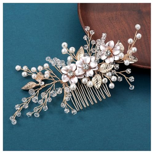 Hrlace Braut Hochzeit Haarkämme Kristall Blume Haarschmuck Perlen Brautschmuck Blumen Haarspangen Perle Strass Braut-Haarnadeln Blatt Kopfschmuck für Frauen und Mädchen Brautjungfern Gold L3122 von Hrlace