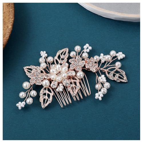 Hrlace Braut Hochzeit Haarkämme Kristall Blume Haarschmuck Perlen Brautschmuck Blumen Haarspangen Perle Strass Braut-Haarnadeln Blatt Kopfschmuck für Frauen und Mädchen Brautjungfern Gold L3124 von Hrlace
