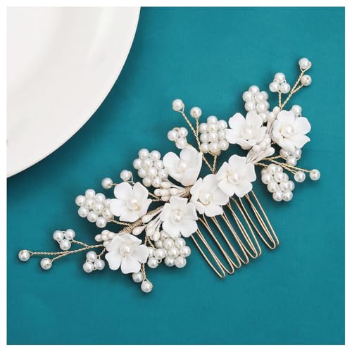 Hrlace Braut Hochzeit Haarkämme Kristall Blume Haarschmuck Perlen Brautschmuck Blumen Haarspangen Perle Strass Braut-Haarnadeln Blatt Kopfschmuck für Frauen und Mädchen Brautjungfern Gold L3160 von Hrlace