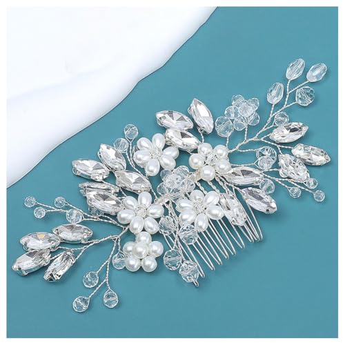 Hrlace Braut Hochzeit Haarkämme Kristall Blume Haarschmuck Perlen Brautschmuck Blumen Haarspangen Perle Strass Braut-Haarnadeln Blatt Kopfschmuck für Frauen und Mädchen Brautjungfern Silber L3002 von Hrlace