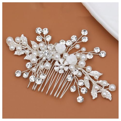 Hrlace Braut Hochzeit Haarkämme Kristall Blume Haarschmuck Perlen Brautschmuck Blumen Haarspangen Perle Strass Braut-Haarnadeln Blatt Kopfschmuck für Frauen und Mädchen Brautjungfern Silber L3024 von Hrlace