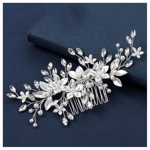 Hrlace Braut Hochzeit Haarkämme Kristall Blume Haarschmuck Perlen Brautschmuck Blumen Haarspangen Perle Strass Braut-Haarnadeln Blatt Kopfschmuck für Frauen und Mädchen Brautjungfern Silber L3028 von Hrlace