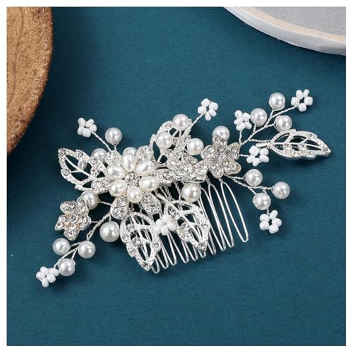 Hrlace Braut Hochzeit Haarkämme Kristall Blume Haarschmuck Perlen Brautschmuck Blumen Haarspangen Perle Strass Braut-Haarnadeln Blatt Kopfschmuck für Frauen und Mädchen Brautjungfern Silber L3124 von Hrlace