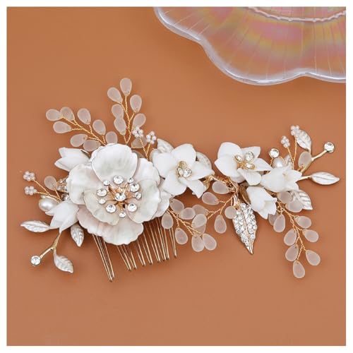 Hrlace Braut Hochzeit Haarkämme Kristall Blume Haarschmuck Perlen Brautschmuck Blumen Haarspangen Perle Strass Braut-Haarnadeln Blatt Kopfschmuck für Frauen und Mädchen Brautjungfern Silber L3146 von Hrlace