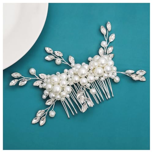 Hrlace Braut Hochzeit Haarkämme Kristall Blume Haarschmuck Perlen Brautschmuck Blumen Haarspangen Perle Strass Braut-Haarnadeln Blatt Kopfschmuck für Frauen und Mädchen Brautjungfern Silber L3158 von Hrlace