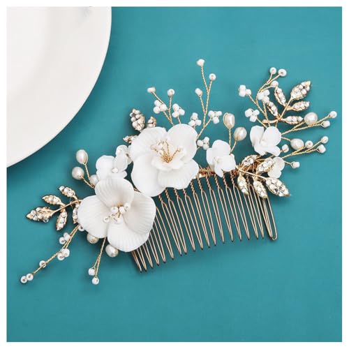 Hrlace Braut Hochzeit Haarkämme Kristall Blume Haarschmuck Perlen Brautschmuck Blumen Haarspangen Perle Strass Braut-Haarnadeln Blatt Kopfschmuck für Frauen und Mädchen Brautjungfern Silber L3161 von Hrlace