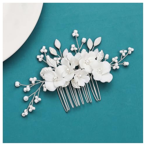 Hrlace Braut Hochzeit Haarkämme Kristall Blume Haarschmuck Perlen Brautschmuck Blumen Haarspangen Perle Strass Braut-Haarnadeln Blatt Kopfschmuck für Frauen und Mädchen Brautjungfern Silber L3164 von Hrlace