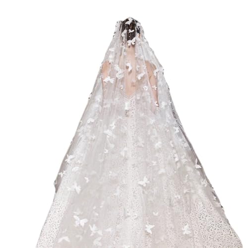 Hrlace Braut-Schleier Hochzeit Schleier mit 3D -Schmetterling ＆ Perle Lang Einlagiger Brautschleier Kathedralen Tüll Braut Hochzeitsschleier Weiß Weicher Hochzeitskleid Accessoires 3m L x 1.5 m B von Hrlace