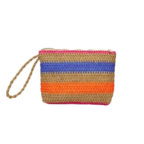 Hrlace Damen Stroh Clutch Tasche Sommer-Strand Handtasche Geldbörse Stroh-Clutch Wristlet-Tasche Rainbow Strohtaschen mit Reißverschluss und Münzfach für Frauen Mädchen Strand Reise Blau von Hrlace