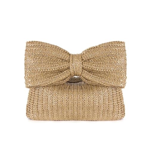 Hrlace Damen Stroh Handtasche mit Schleife Kleine Stroh-Schleife Geldbörse Sommer Clutch Tasche Strandtasche Niedlicher Strohschleife gewebt Handtaschen für Urlaub Party Strand Hochzeit Khaki von Hrlace