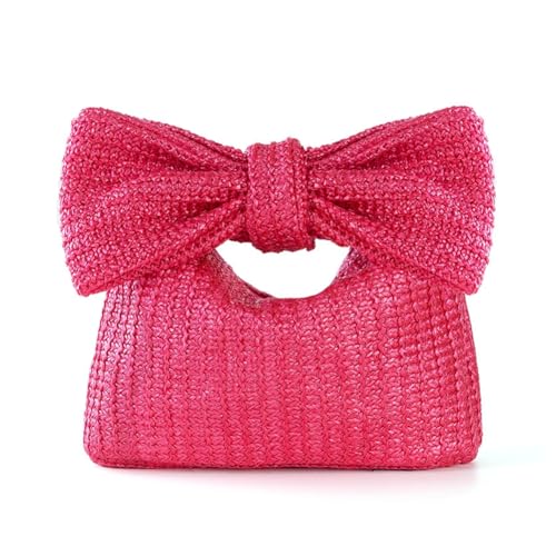 Hrlace Damen Stroh Handtasche mit Schleife Kleine Stroh-Schleife Geldbörse Sommer Clutch Tasche Strandtasche Niedlicher Strohschleife gewebt Handtaschen für Urlaub Party Strand Hochzeit Rosarot von Hrlace