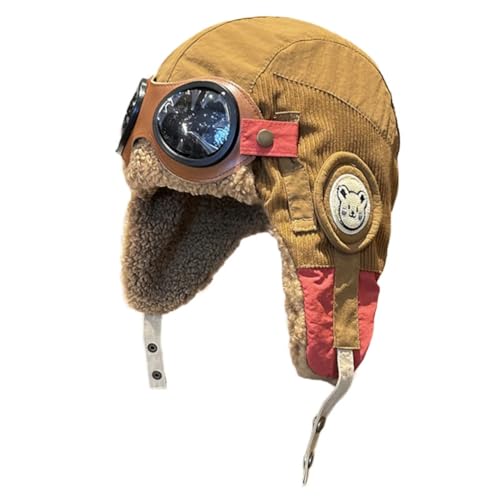 Hrlace Fliegermütze mit Brille Unisex Wintermütze mit-Ohrenschützern Herbst Winter Warme Mütze Niedlich Flieger-Mütze Outdoor Pilotenmütze für Kinder Frauen und Männer Karamell Erwachsene: 56-58 cm von Hrlace