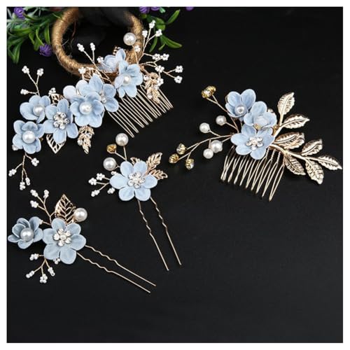 Hrlace Haarschmuck Hochzeit Braut Perle Blume Haarkamm Strass Braut-Haarnadeln Kristall Brautschmuck Blumen Perlen Haarkämme Haarspangen für Frauen Mädchen Brautjungfer Kommunion Party Blau #1 von Hrlace