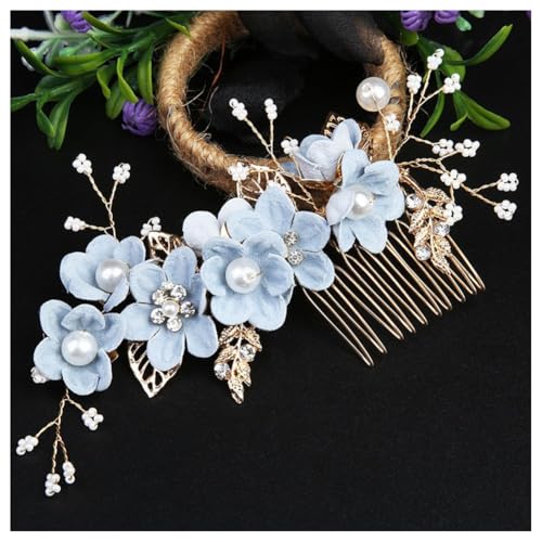 Hrlace Haarschmuck Hochzeit Braut Perle Blume Haarkamm Strass Braut-Haarnadeln Kristall Brautschmuck Blumen Perlen Haarkämme Haarspangen für Frauen Mädchen Brautjungfer Kommunion Party Blau #2 von Hrlace