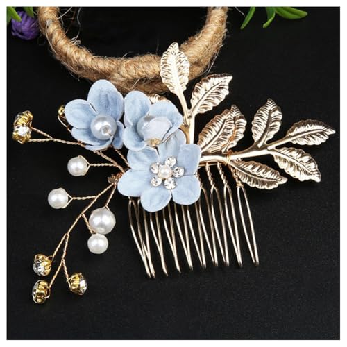 Hrlace Haarschmuck Hochzeit Braut Perle Blume Haarkamm Strass Braut-Haarnadeln Kristall Brautschmuck Blumen Perlen Haarkämme Haarspangen für Frauen Mädchen Brautjungfer Kommunion Party Blau #3 von Hrlace