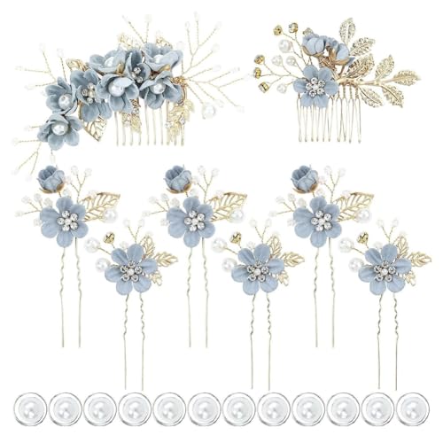 Hrlace Haarschmuck Hochzeit Braut Perle Blume Haarkamm Strass Braut-Haarnadeln Kristall Brautschmuck Blumen Perlen Haarkämme Haarspangen für Frauen Mädchen Brautjungfer Kommunion Party Blau #6 von Hrlace
