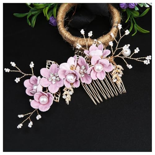 Hrlace Haarschmuck Hochzeit Braut Perle Blume Haarkamm Strass Braut-Haarnadeln Kristall Brautschmuck Blumen Perlen Haarkämme Haarspangen für Frauen Mädchen Brautjungfer Kommunion Party Purple #2 von Hrlace