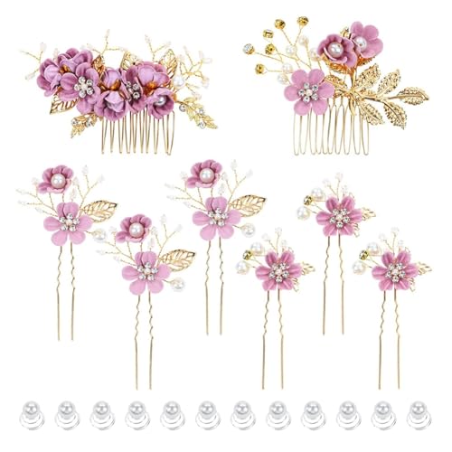 Hrlace Haarschmuck Hochzeit Braut Perle Blume Haarkamm Strass Braut-Haarnadeln Kristall Brautschmuck Blumen Perlen Haarkämme Haarspangen für Frauen Mädchen Brautjungfer Kommunion Party Purple #6 von Hrlace