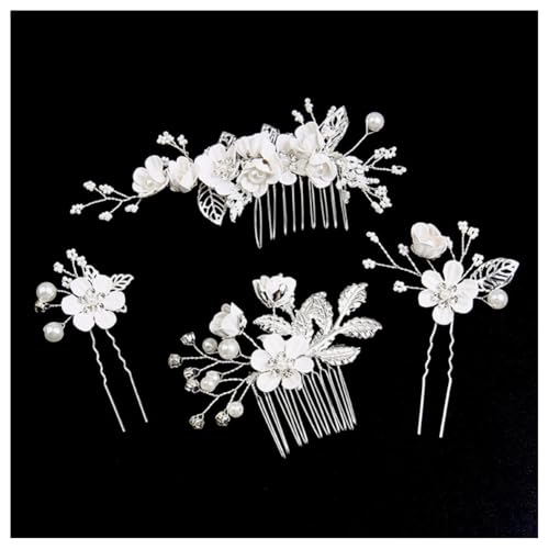 Hrlace Haarschmuck Hochzeit Braut Perle Blume Haarkamm Strass Braut-Haarnadeln Kristall Brautschmuck Blumen Perlen Haarkämme Haarspangen für Frauen Mädchen Brautjungfer Kommunion Party Silver #1 von Hrlace