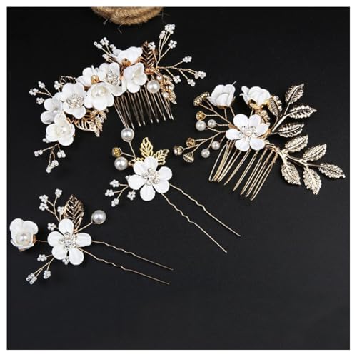 Hrlace Haarschmuck Hochzeit Braut Perle Blume Haarkamm Strass Braut-Haarnadeln Kristall Brautschmuck Blumen Perlen Haarkämme Haarspangen für Frauen Mädchen Brautjungfer Kommunion Party Weiß #1 von Hrlace