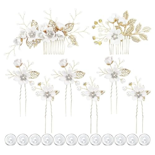 Hrlace Haarschmuck Hochzeit Braut Perle Blume Haarkamm Strass Braut-Haarnadeln Kristall Brautschmuck Blumen Perlen Haarkämme Haarspangen für Frauen Mädchen Brautjungfer Kommunion Party Weiß #6 von Hrlace