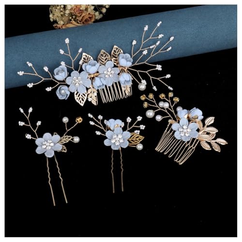 Hrlace Haarschmuck Hochzeit Haarkamm Perle Blume Braut-Haarschmuck Strass Brautschmuck U-förmig Haarnadeln Blumen Perlen Haarspange Kopfschmuck für Braut Brautjungfer Frauen und Mädchen Blau#1 von Hrlace