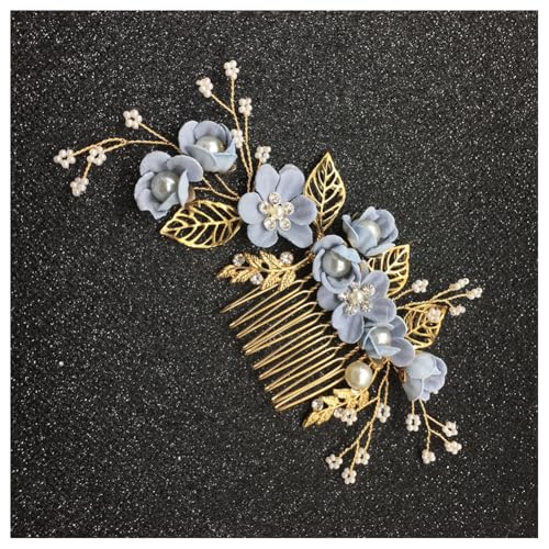 Hrlace Haarschmuck Hochzeit Haarkamm Perle Blume Braut-Haarschmuck Strass Brautschmuck U-förmig Haarnadeln Blumen Perlen Haarspange Kopfschmuck für Braut Brautjungfer Frauen und Mädchen Blau#2 von Hrlace