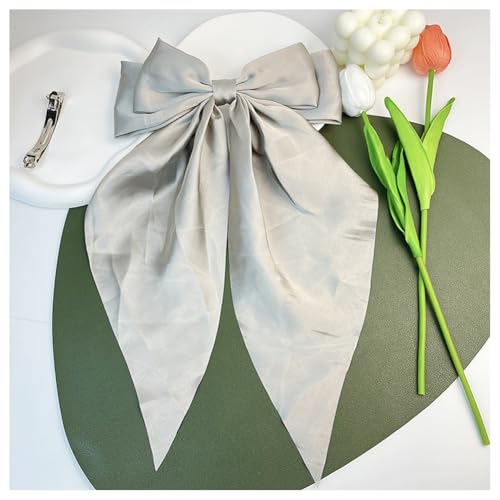 Hrlace Haarspangen mit Großer Schleife Seidigem Satin Haarnadel Langem Band einfarbig Haarklemmen Französische Haarspange Haarschmuck für Party Frauen Mädchen Geschenk Hochzeit Grau von Hrlace