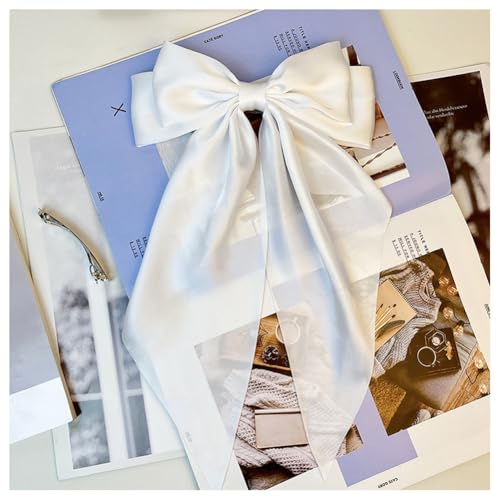 Hrlace Haarspangen mit Großer Schleife Seidigem Satin Haarnadel Langem Band einfarbig Haarklemmen Französische Haarspange Haarschmuck für Party Frauen Mädchen Geschenk Hochzeit reinweiß von Hrlace