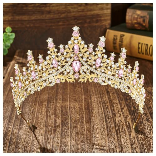 Hrlace Kristall Tiara Prinzessin Krone Hochzeit Braut Kristallkrone Mädchen Damen Strass-Krone Kopfbedeckung Haarschmuck Brautkrone für Hochzeiten Abschlussbälle Geburtstagsfeier gold+rosa von Hrlace
